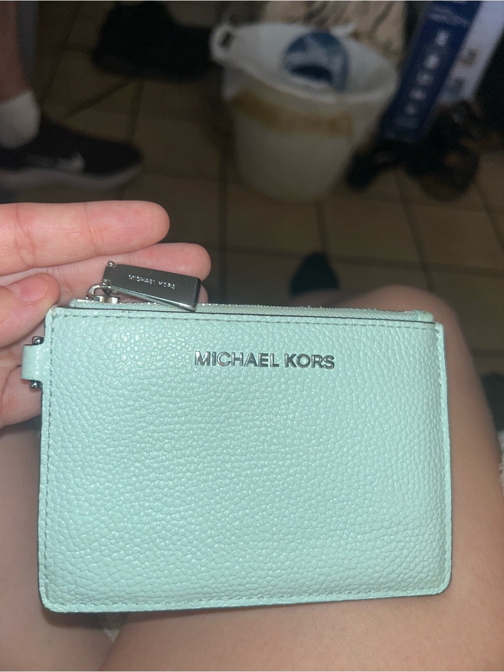 Michael Kors Mint Green Pebbled Leather Card Holder with Silver Hardware